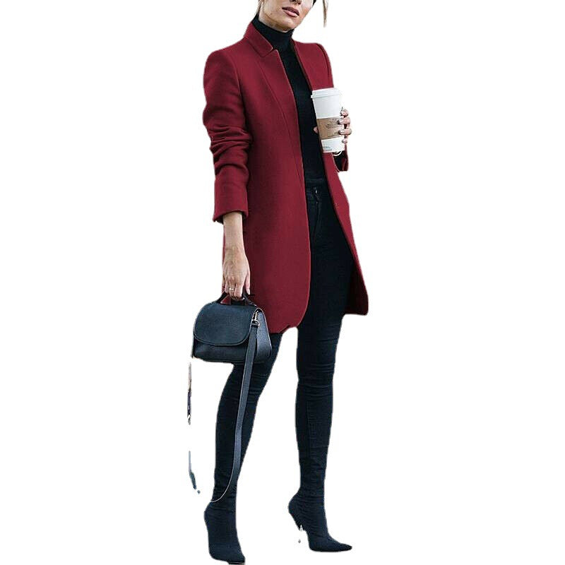 Solid color stand collar wool coat