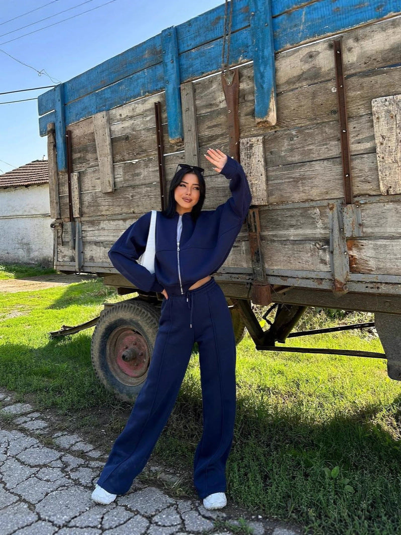 Women's Casual Zipper Jacket and Trousers Set