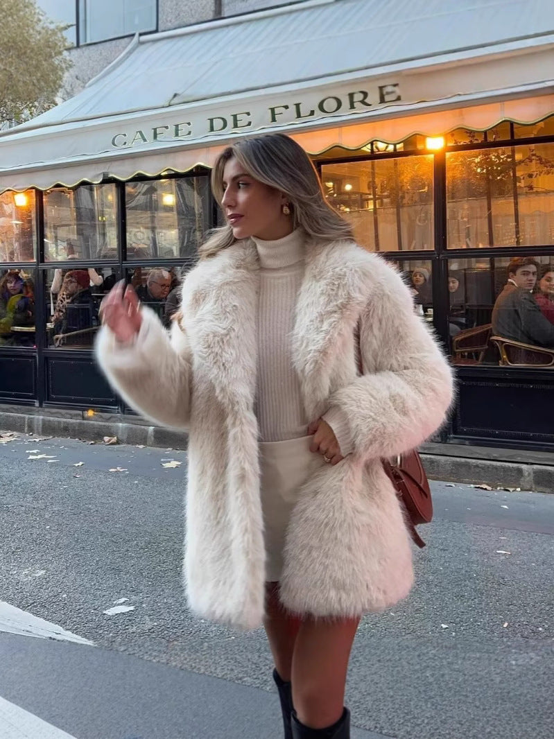 Women's Faux Fur Mid-Length Coat with Extended Collar