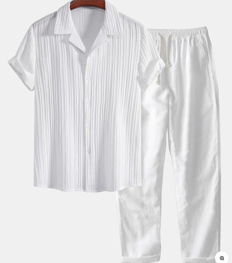 Men's Solid Color Short Sleeve Shirt and Pants Set