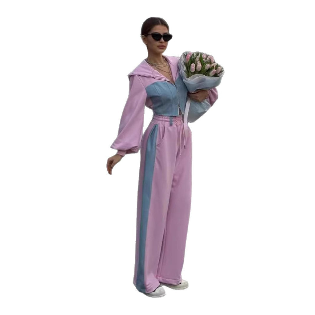 Casual Denim Stitching Hooded Sweater Suit with High Waist Trousers