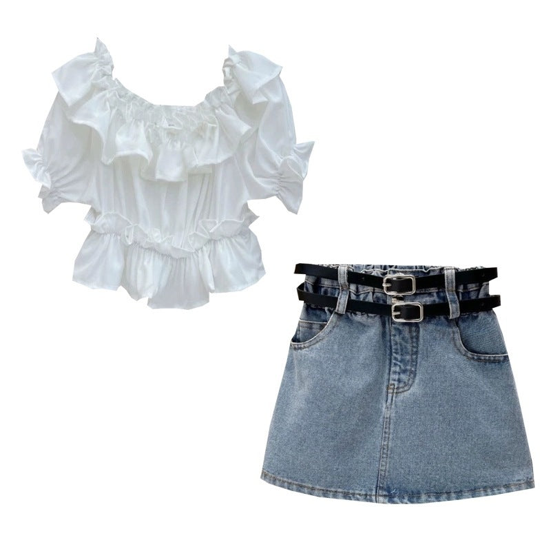 Girls' Ruffled Off-Shoulder Top and Denim Skirt