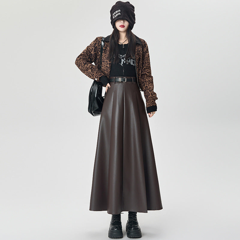 Women's High Waist PU Leather Pleated Skirt