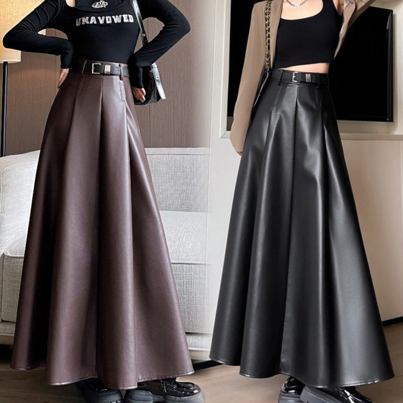 Women's High Waist PU Leather A-Line Skirt