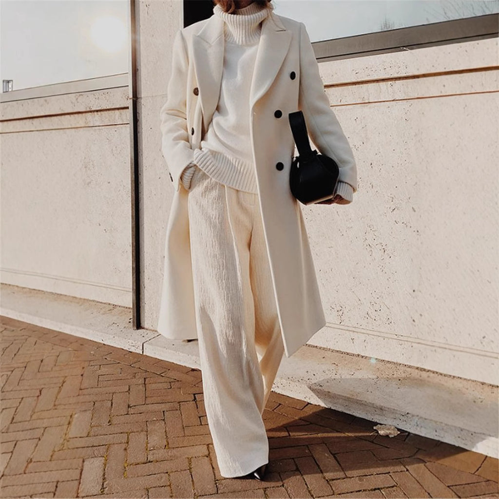 Two-color long-sleeved woolen coat