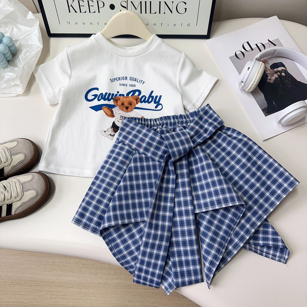 Girls' Cartoon Print T-Shirt and Skirt Set