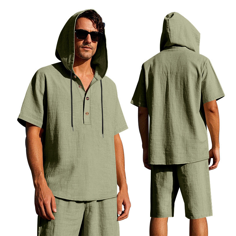 Men's Linen Hooded Shirt and Shorts