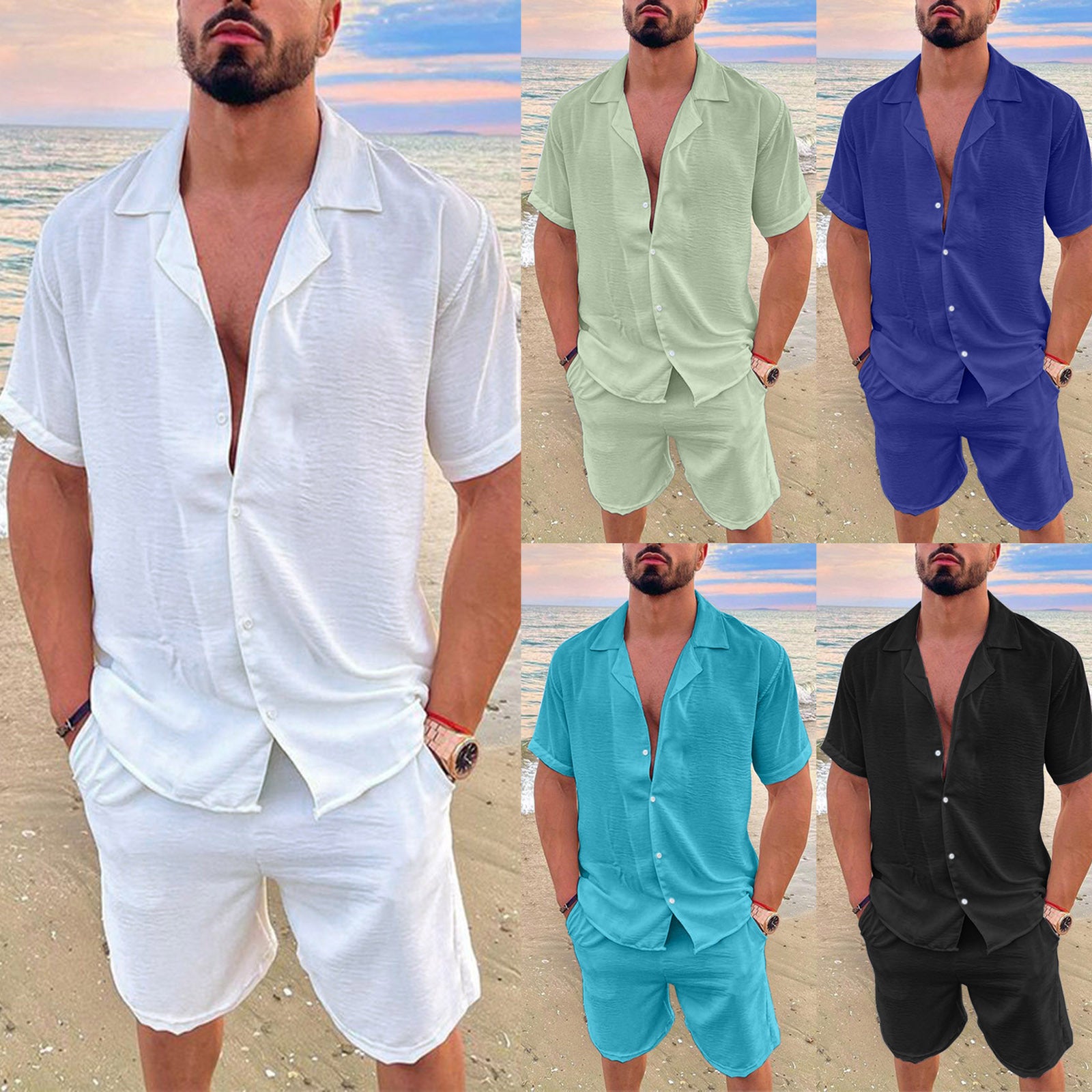Men's solid-color short-sleeved short pants set