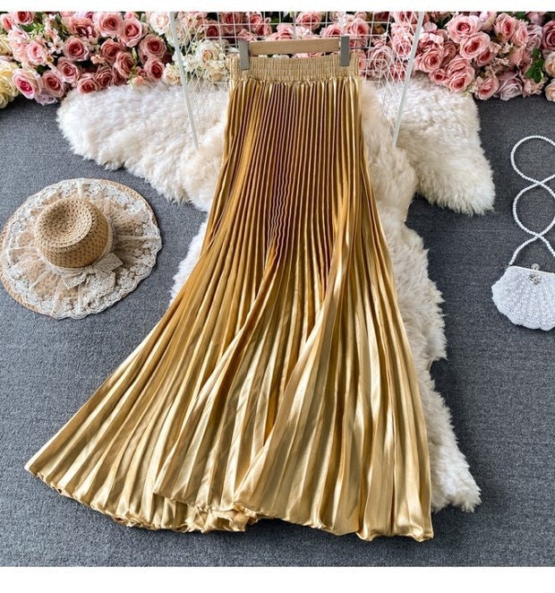 Satin Pleated Midi Skirt High Waist