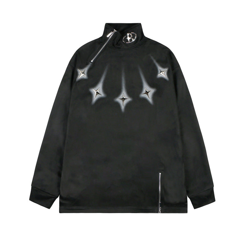 American-style zipper-enclosed high-neck pullover sweater