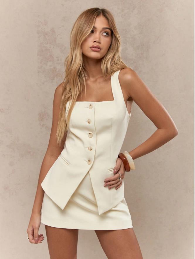 Women's Button Square Neck Sleeveless Vest and Mini Skirt Set