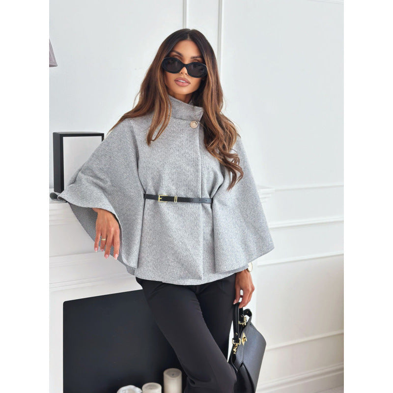 Women's Elegant Woolen Coat with Waist Tie