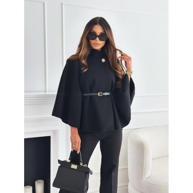 Women's Elegant Woolen Coat with Waist Tie