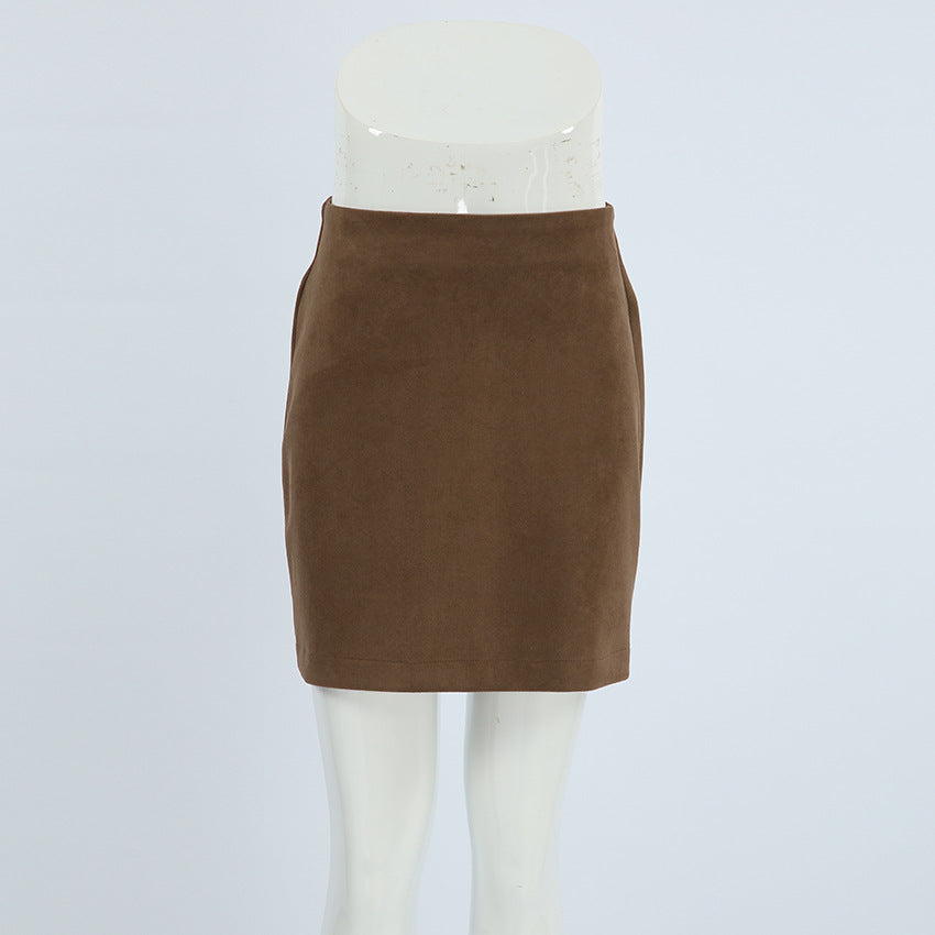 Vintage Brown Knitted Suede High Waist Straight Skirt