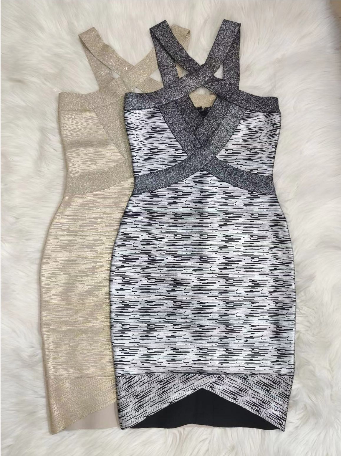 Sleeveless Gold Foil Halter Mini Dress