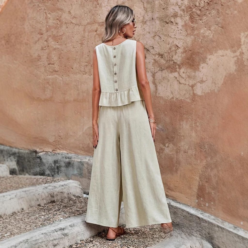 Sleeveless pleated blouse wide-leg nine-inch pants