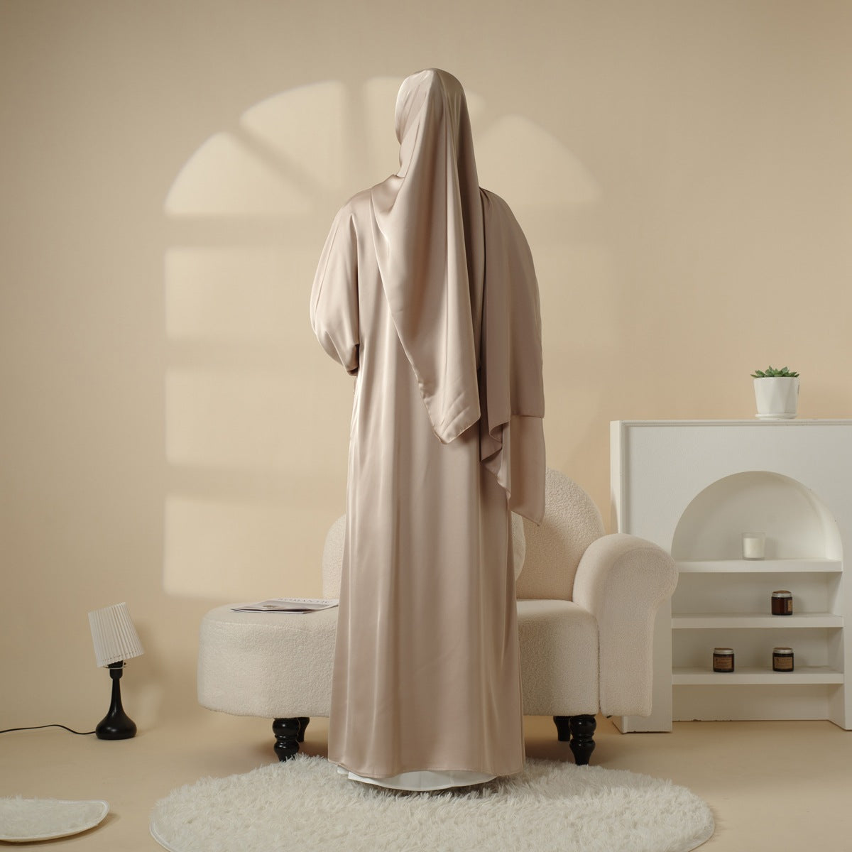 Skirt cuff with diamond abaya women's robe set inner dress, matching belt, and headscarf