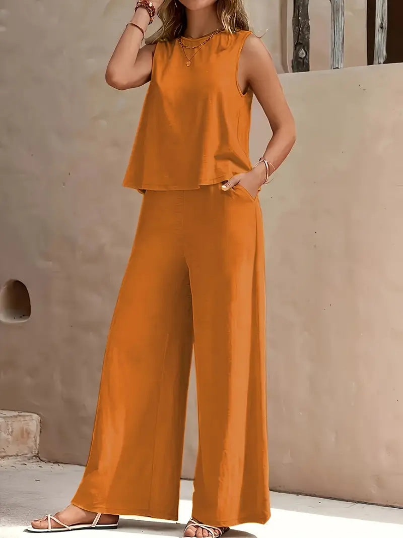 Solid-color tank top and wide-leg pants set