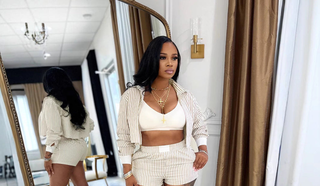 Women's Stylish Lapel Striped Long Sleeve Shirt and Shorts Suit