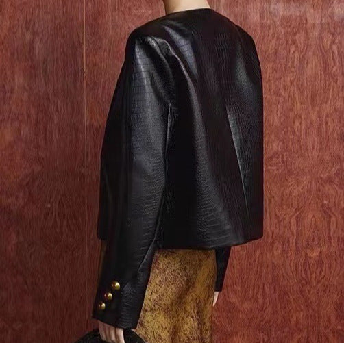 Sheepskin Crocodile Pattern Leather Jacket
