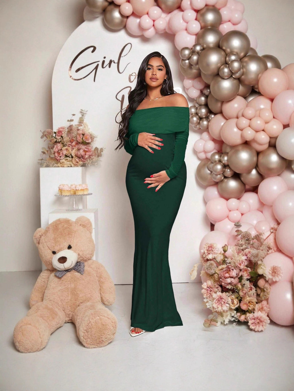 Pregnancy-friendly off-shoulder mermaid-style long-sleeve dress