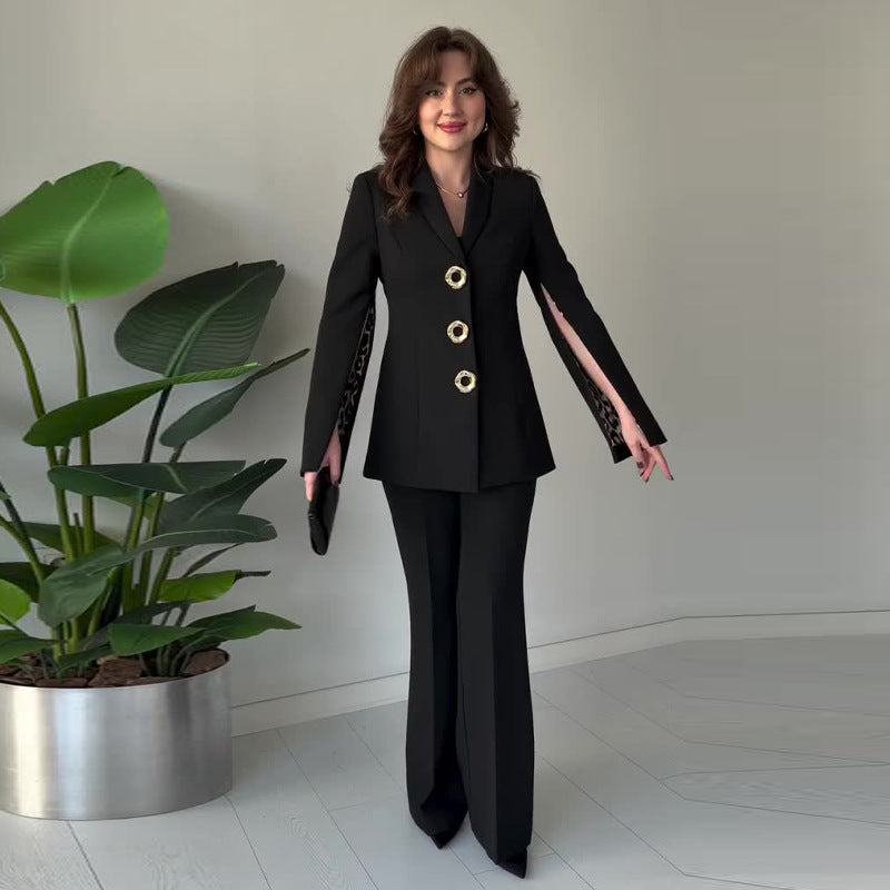 Long-sleeved slimming black two-piece suit