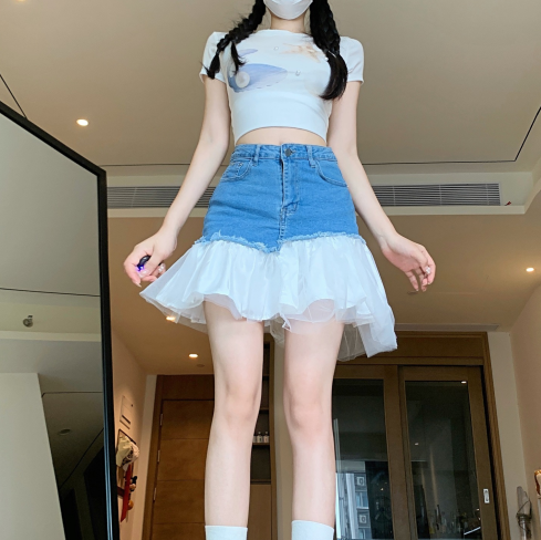 High-waisted denim short skirt for women, lace straight half skirt with patchwork
