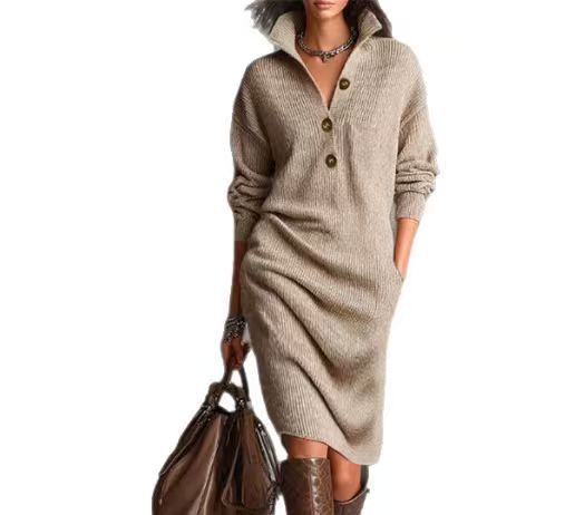 Casual collared loose-fitting mid-length sweater dress