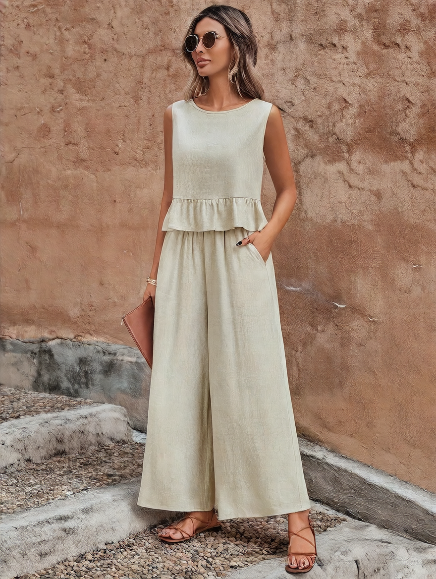 Sleeveless pleated vest casual set