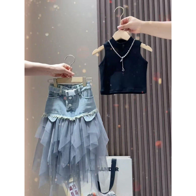 Girls' Denim Patchwork Two-Piece Set