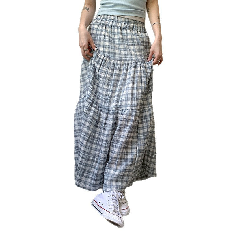 Retro Plaid A-Line Skirt with Elastic Waist