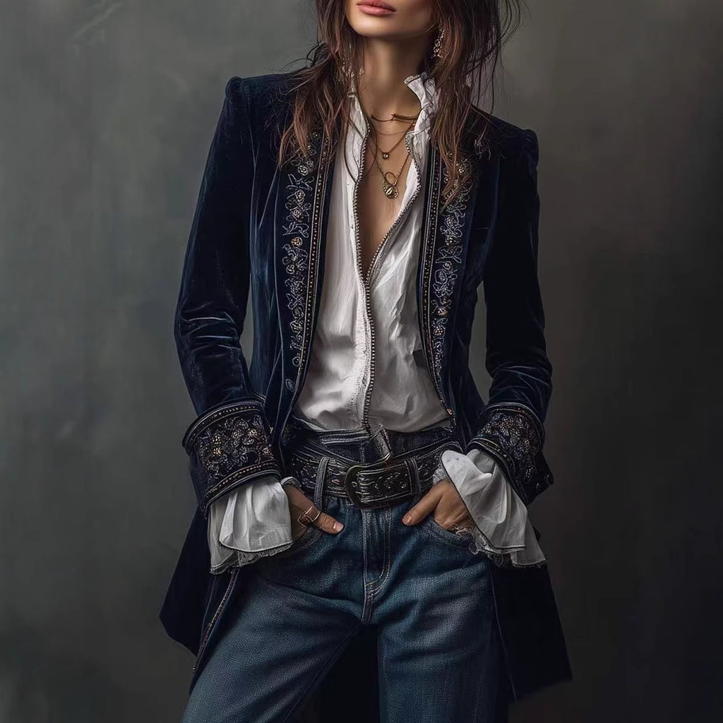 Long Sleeve Solid Color Patchwork Gold Velvet Jacket