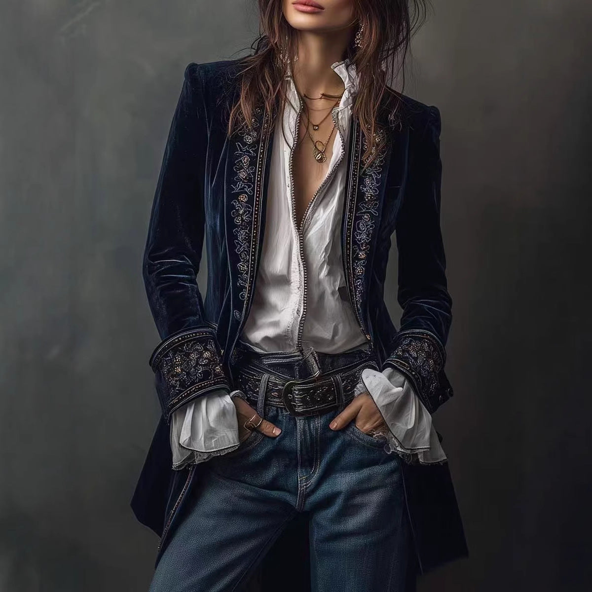 Long Sleeve Solid Color Patchwork Gold Velvet Jacket