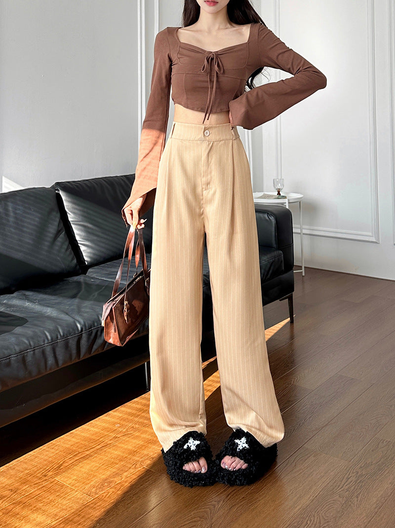 Slimming and flowing striped straight-leg suit pants