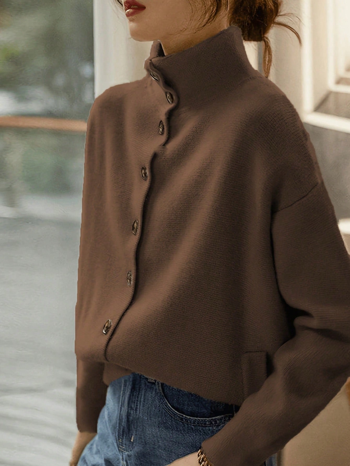 Stand-Up Collar Long-Sleeved Knitted Cardigan