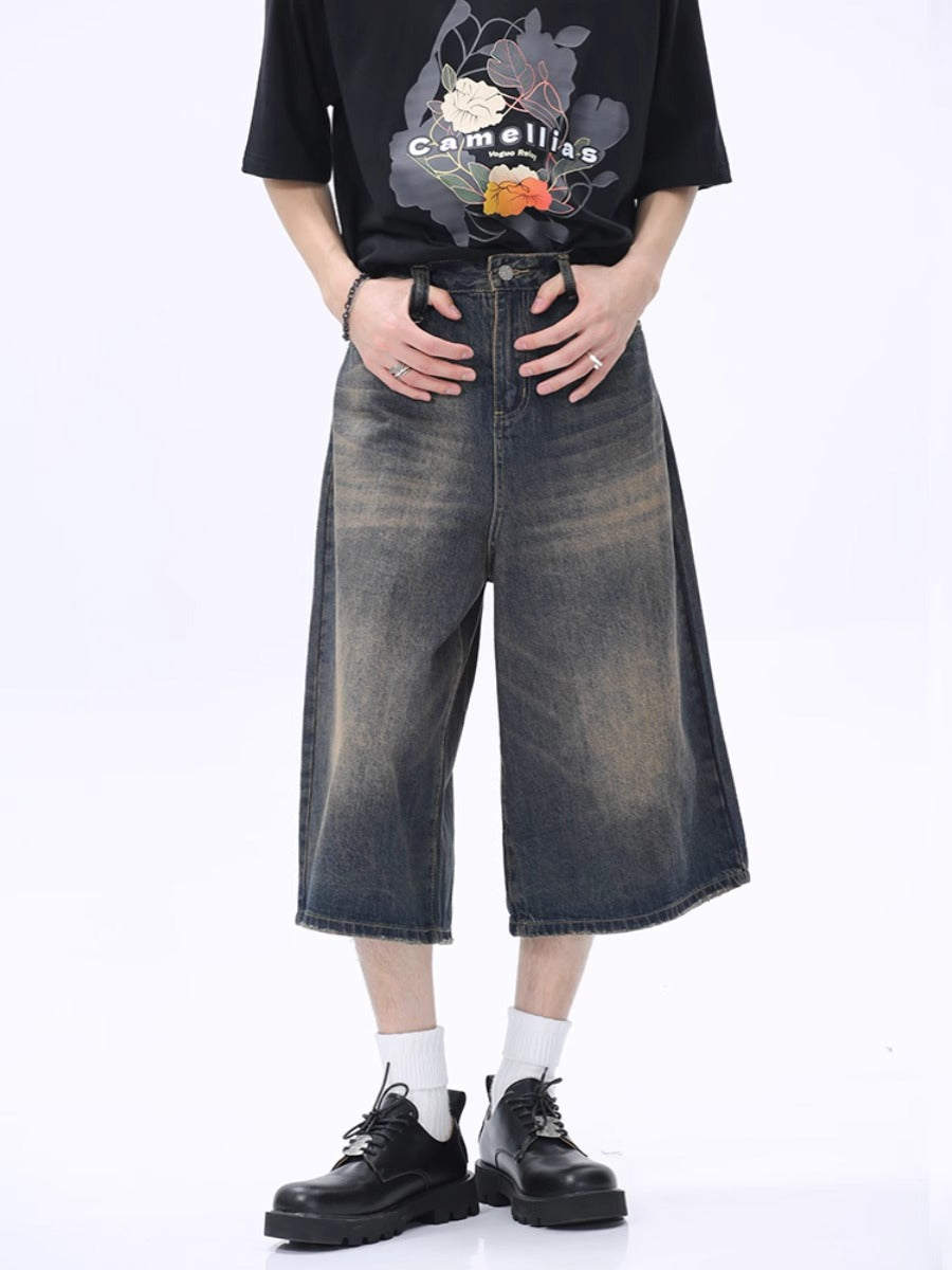 Washed distressed cropped denim shorts