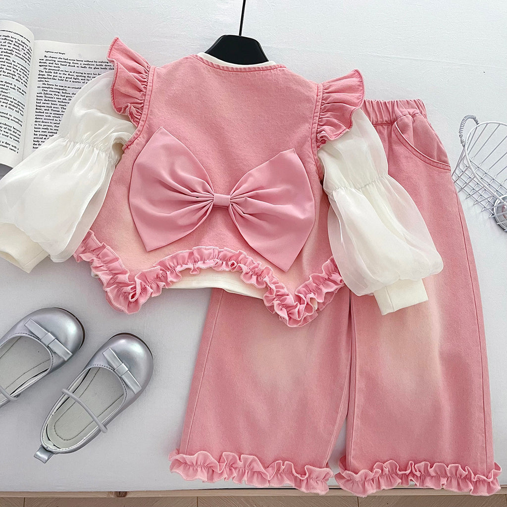 Girls' Denim Set - Flower Top Lace Pants