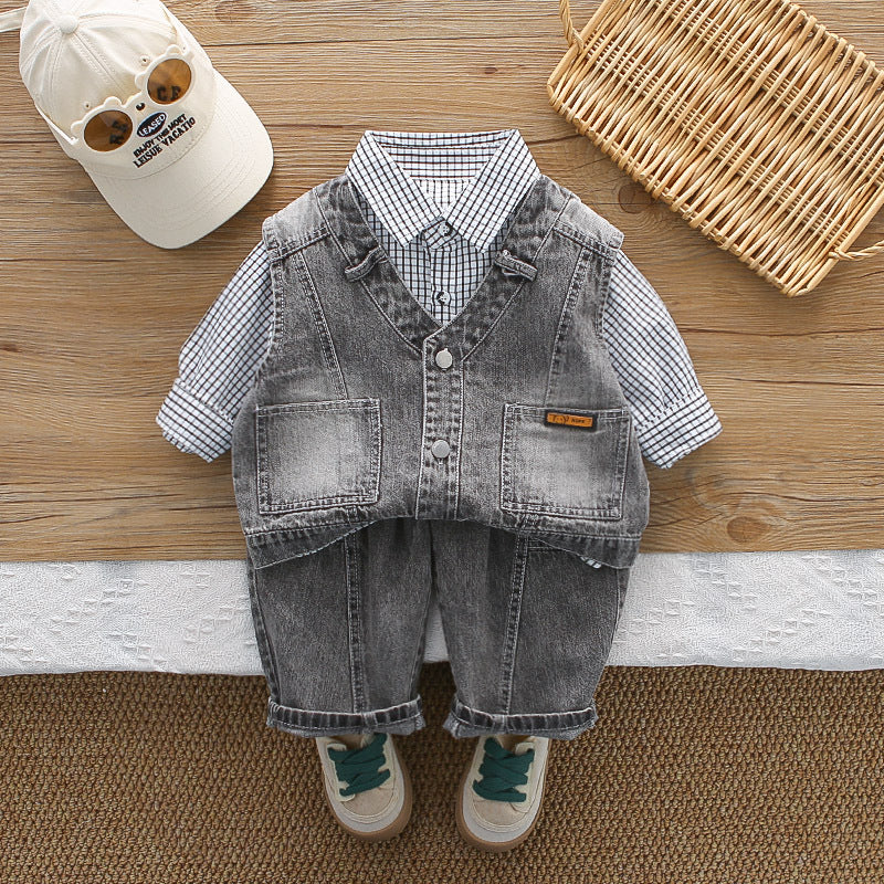 Boys' Plaid Shirt Denim Vest Three-Piece Set