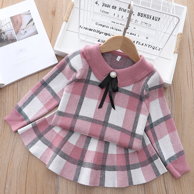 Kids' Knitted Plaid Sweater and Skirt Set