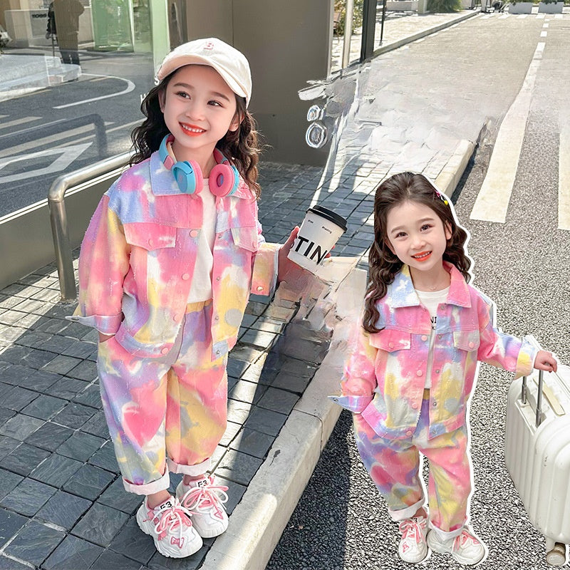 Girls' Tie-Dye Ripped Denim Two-Piece Set