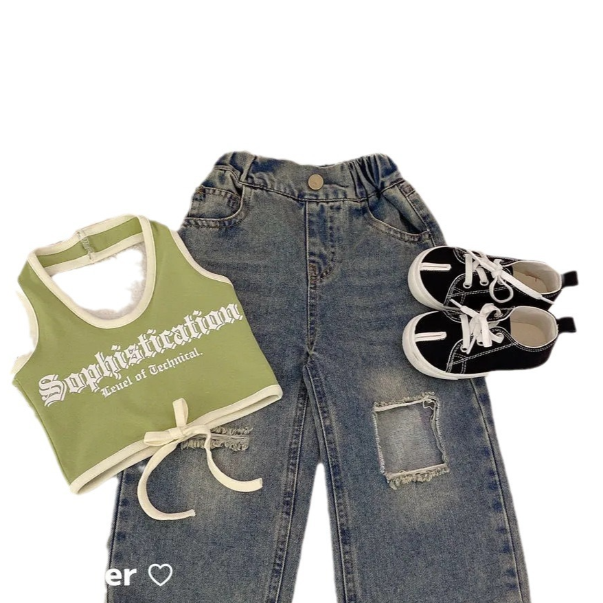 Girls' Summer Camisole Ripped Jeans