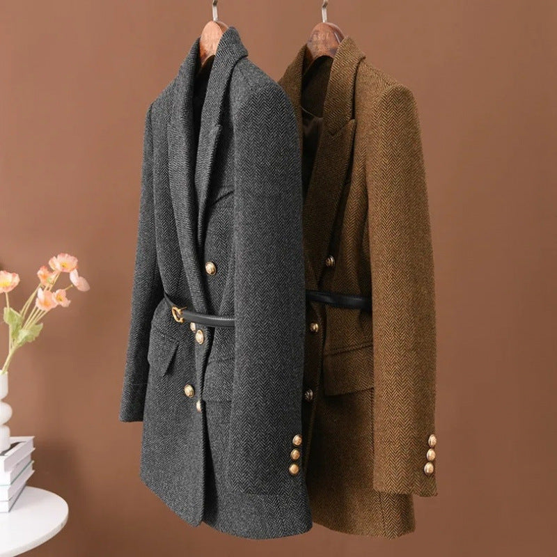 The suit jacket is made of wool