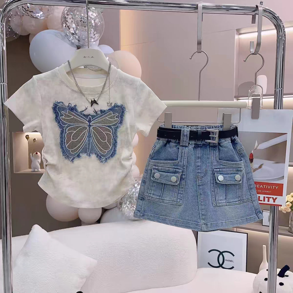 Girls' Bow Embroidered Top and Denim Skirt Set