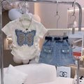 Girls' Bow Embroidered Top and Denim Skirt Set