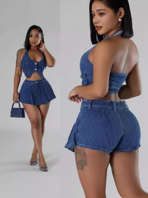 Women's Sleeveless Denim Top and Shorts Two-Piece Set