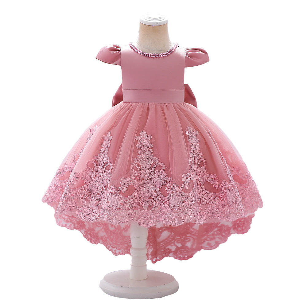 Girl's Embroidered Beaded Party Dress with Bow Details
