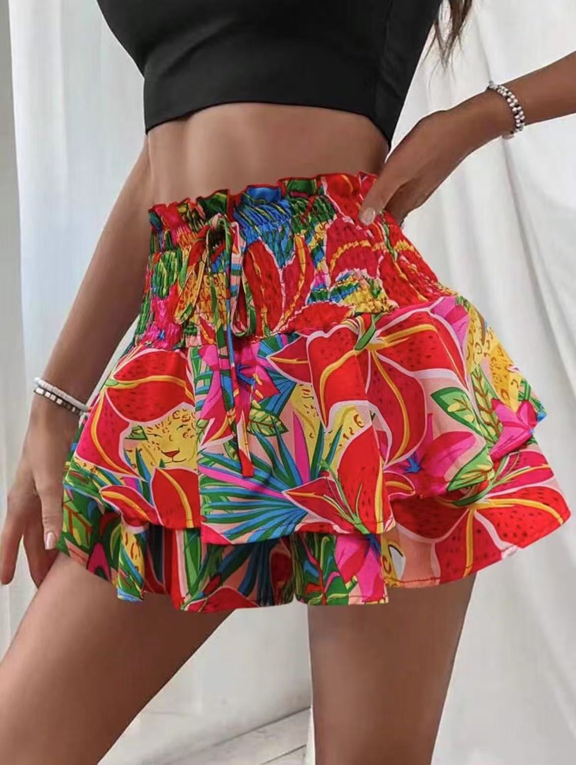 Printed Wide-leg High Waist Casual Shorts