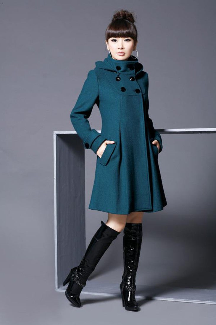Wool Blend Coat Hooded Double-Breasted