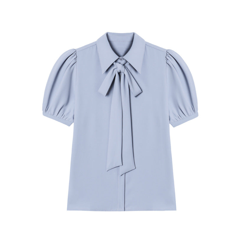 Women's Bow Ribbon Chiffon Shirt - Puff Sleeve
