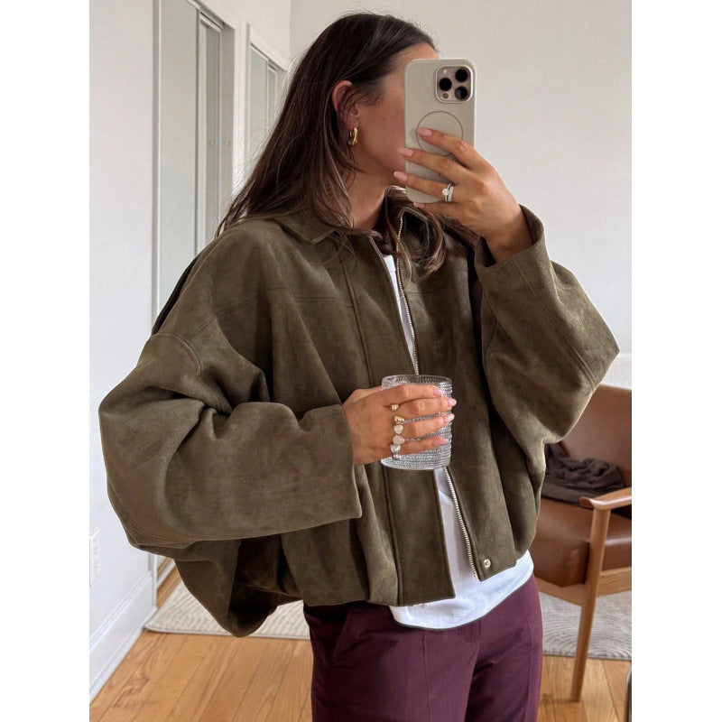 Suede Textured Lapel Bomber Jacket